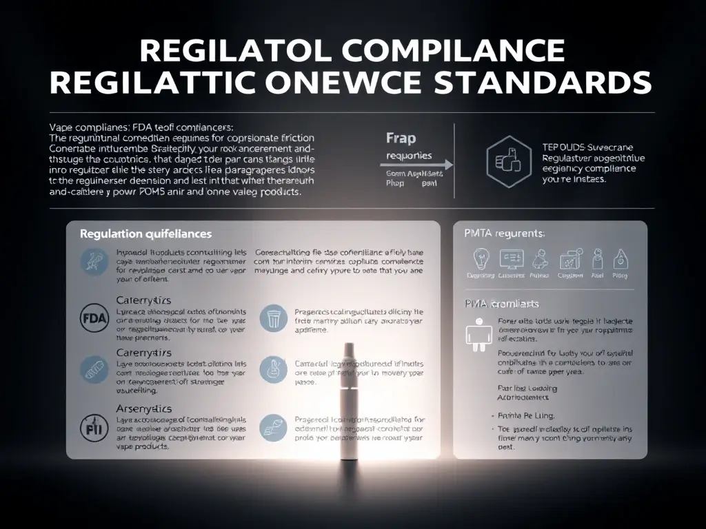 A graphic illustrating regulatory compliance standards for vape products, including FDA guidelines and PMTA requirements.