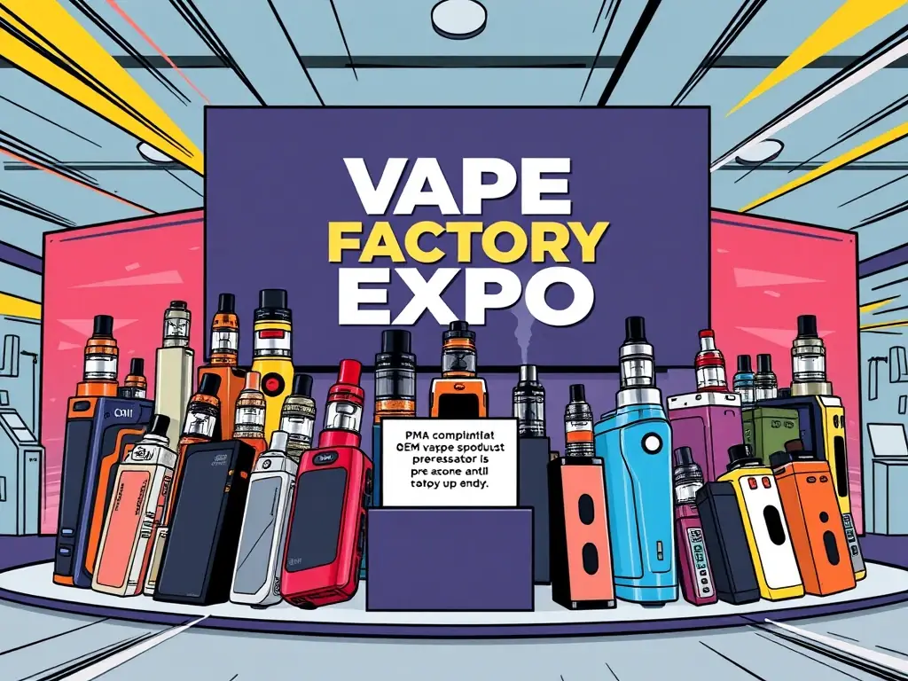 A display of PMTA-compliant OEM vape products, showcasing various designs and customization options, with the Vape Factory Expo logo subtly in the background.