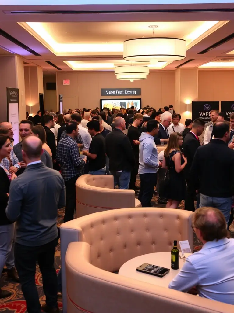 A photograph of a networking event at the Vape Factory Expo, with attendees connecting and building partnerships in a relaxed and professional setting.