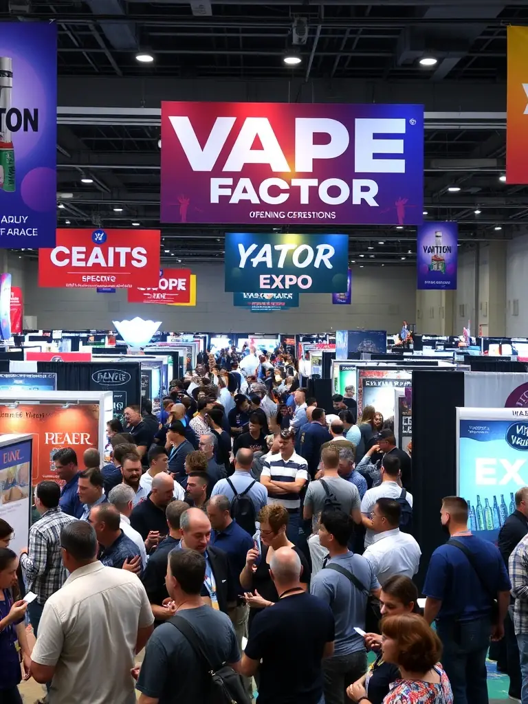 A photograph of the opening ceremony of the Vape Factory Expo, with attendees networking and exploring exhibitor booths, capturing the excitement and energy of the event.