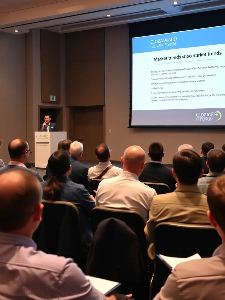 A photograph of a session at the Global Vape Forum, with a speaker presenting on market trends and attendees actively participating in the discussion.