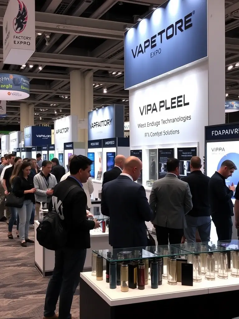 A photograph of exhibitors showcasing their products at the Vape Factory Expo, highlighting cutting-edge technologies and FDA-compliant solutions.
