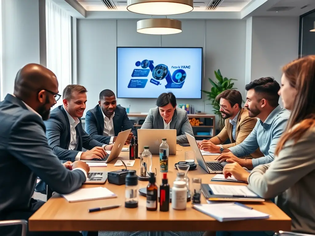 A photograph of a team of vape industry experts discussing market trends and regulatory compliance at the Global Vape Forum.