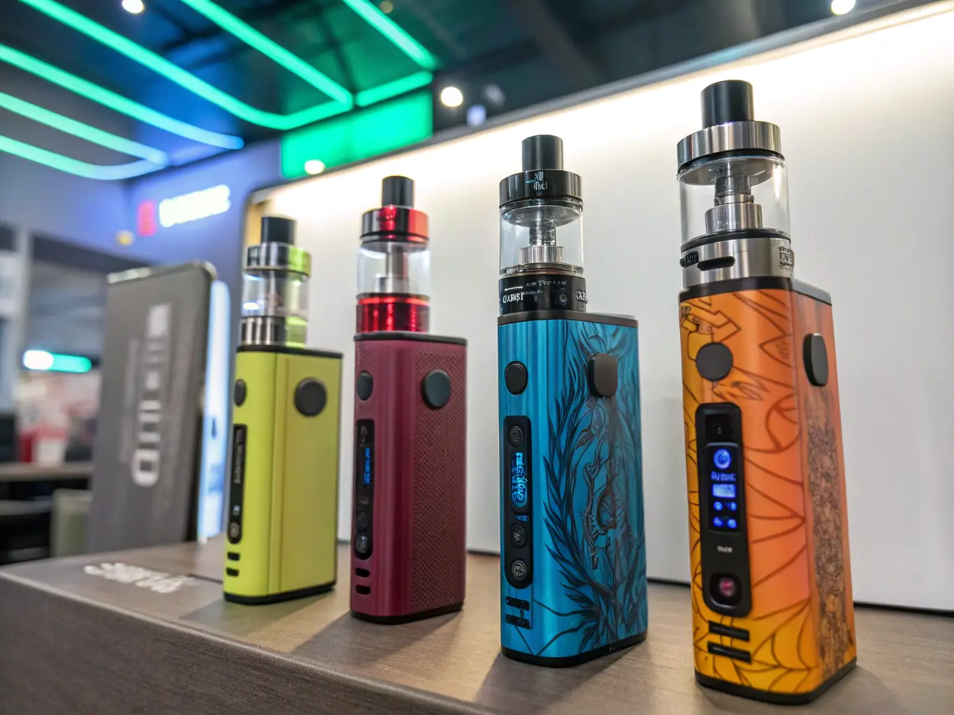 A photograph of a vape brand's booth at the Vape Factory Expo, bustling with activity and showcasing their products to potential partners and customers. The booth is well-designed and visually appealing.