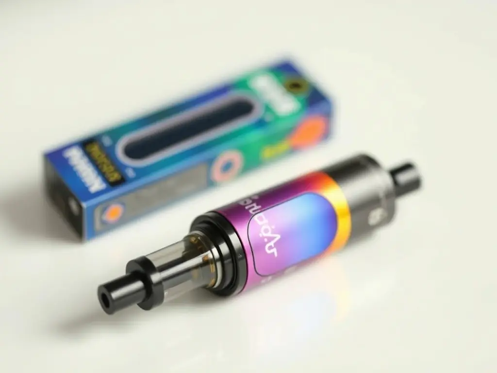 A sleek, modern disposable vape pen with a high puff count (e.g., 50, 000 puffs), emphasizing its leak-proof design and long-lasting performance, displayed at the Vape Factory Expo.