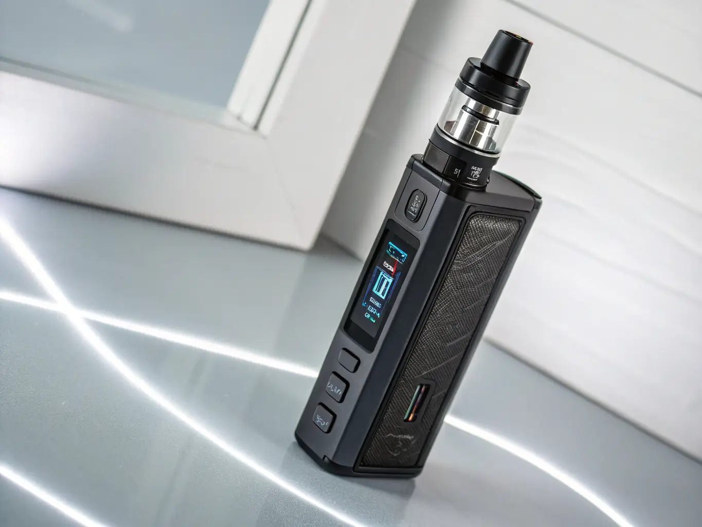 A high-quality photograph showcasing a sleek, new vape device from a featured brand, highlighting its innovative design and technology. The device is displayed against a backdrop that suggests a modern manufacturing environment.